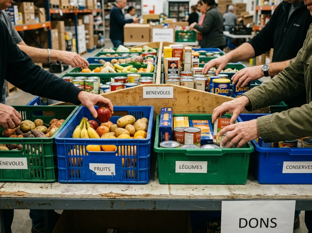 Des bénévoles trient des denrées dans des caisses étiquetées fruits, légumes et conserves.