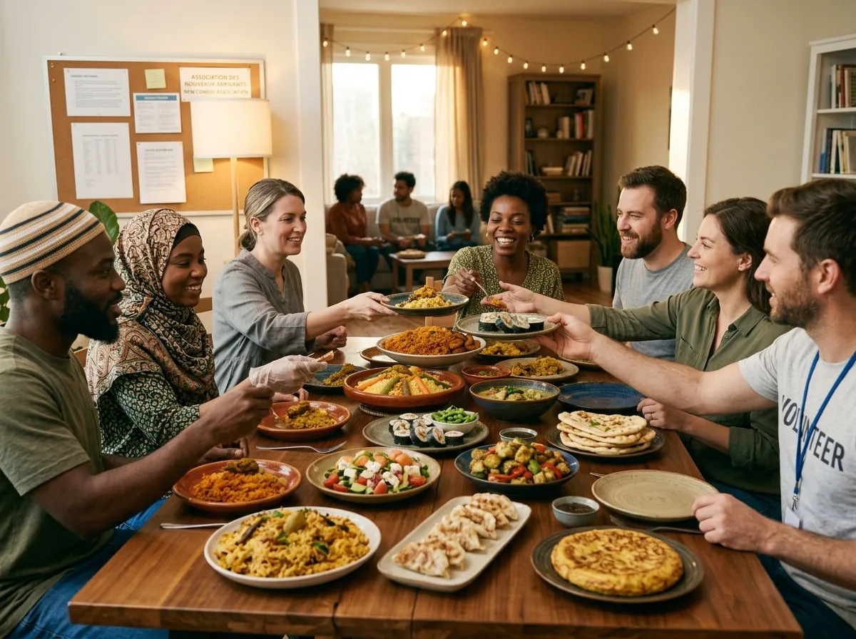 Une longue table partagée, des plats de plusieurs cuisines, des mains qui se servent.